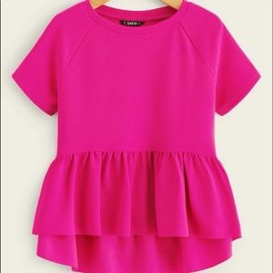 SHEIN Hot Pink Solid High-Low Ruffled Top SZ: MEDIUM